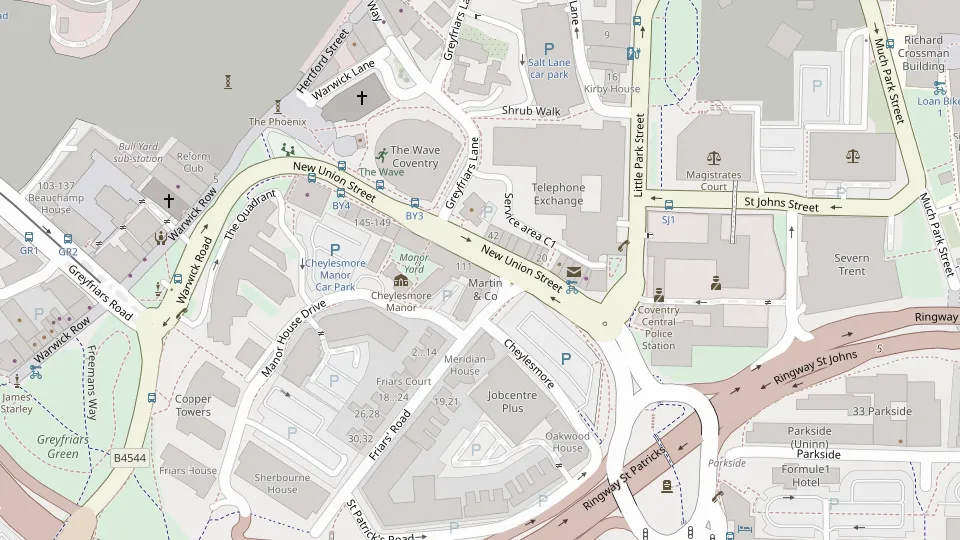 Map of Coventry city centre with a pin on the office at 101-103 New Union Street, near Cheylesmore Manor