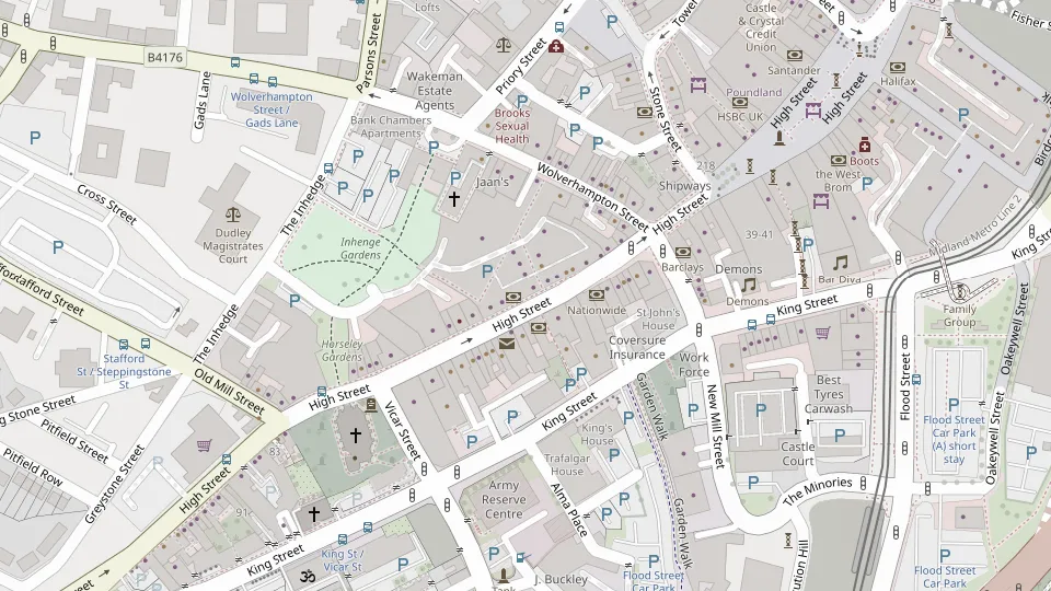 Map of Dudley town centre with a pin on the office at 196 High Street